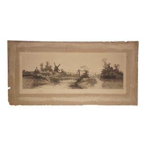 Antique 1902 J Wilson River With Windmill Landscape Signed Etching 28", Framed