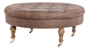 Maison Round Tufted Ottoman in Taupe Linen with Weathered Oak Turned Legs