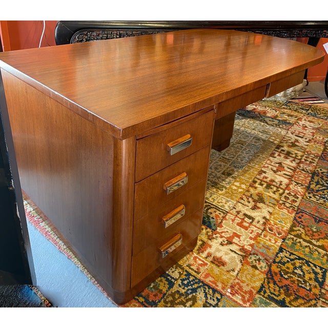 Wood French Geometric Art Deco Rose Wood and Chrome Executive Desk W/ Bookshelves For Sale - Image 7 of 17