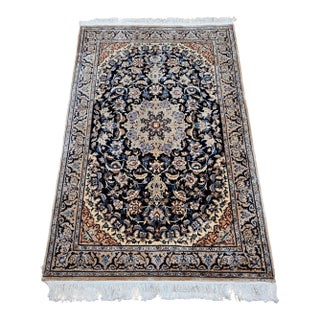 Vintage Persian Nain Area Rug,Handwoven Floral Pattern, Navy & Ivory, 4’ X 6’ For Sale
