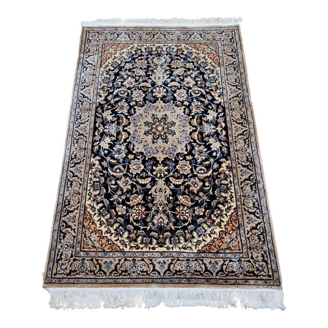 Vintage Persian Nain Area Rug,Handwoven Floral Pattern, Navy & Ivory, 4’ X 6’ For Sale