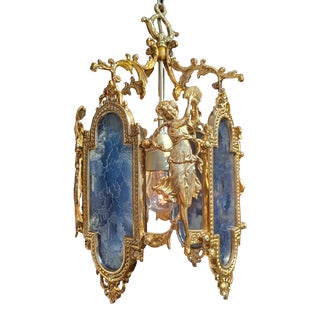 1960s Vintage French Art Nouveau Solid Brass Glass Ceiling Flower Light Pendant Lamp For Sale