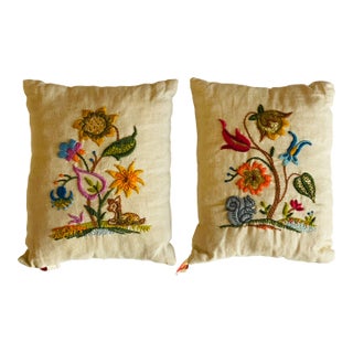 Antque Pair of Artisan Crewel Embroidered Lumbar Pillows With a Dog and Squirrel For Sale