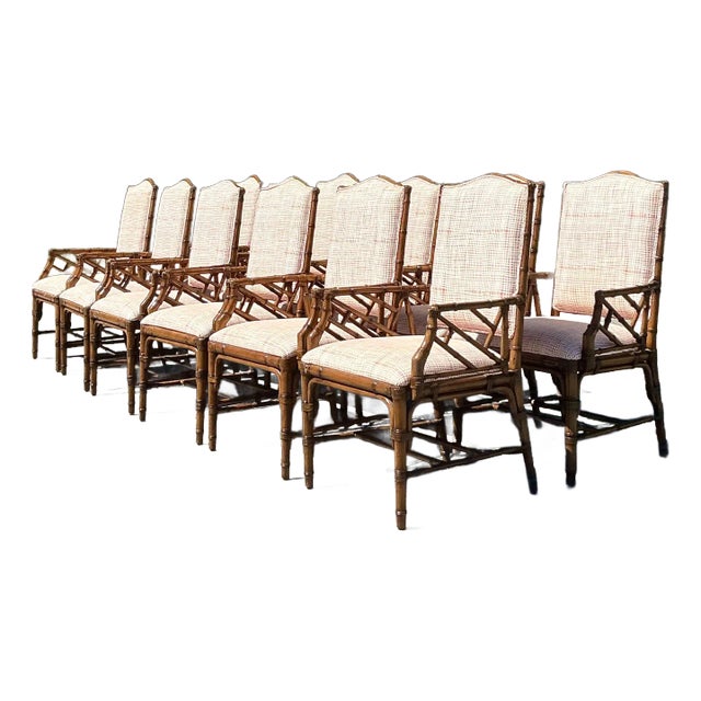Vintage Coastal Lexington Chinese Chippendale High Back Dining Chairs in Alan Campbell “Criss Cross” for Quadrille - Set of 12 For Sale