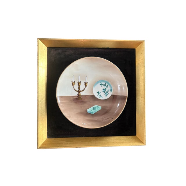 Mid-Century Modern Vondora Signed Andrea by Sadek Porcelain Still Life Plates in Gold Frames Pair Vintage For Sale - Image 3 of 9