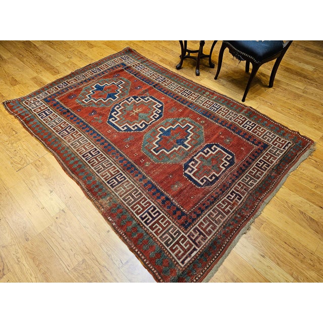 Antique Caucasian Kazak Rug, Handwoven Wool, Geometric Medallion Design, Red & Ivory, 5' x 7' For Sale - Image 4 of 17