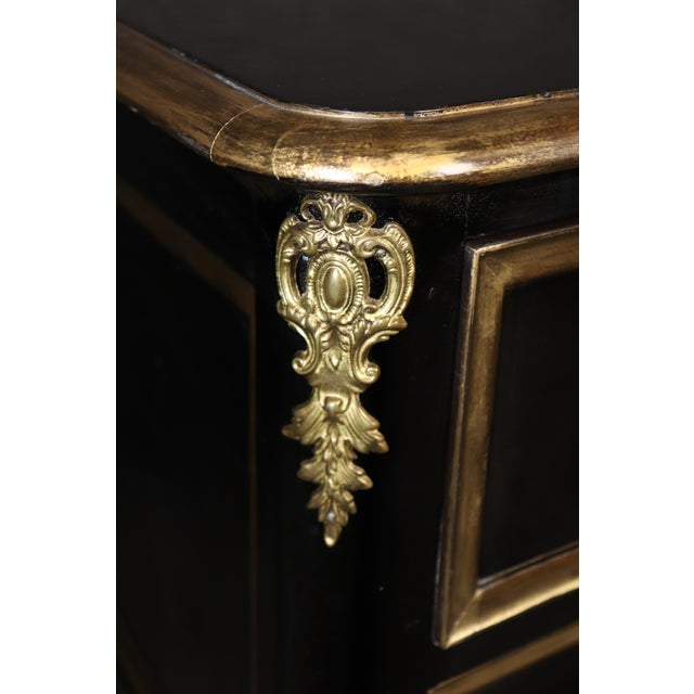 Pair Vintage Ebonized and Gilt Louis XV Style Brass Mounted Commodes by Bodart For Sale - Image 13 of 14