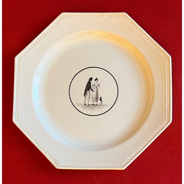 Antique 19th century French Montereau creamware octagonal plate. Decorated with silhouettes and with relief molded beading...