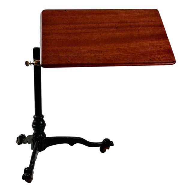 19th Century Antique Cast Iron Drafting Reading Side Table or Desk, Adjustable Lectern With Oak Top & Paw Foot Base For Sale