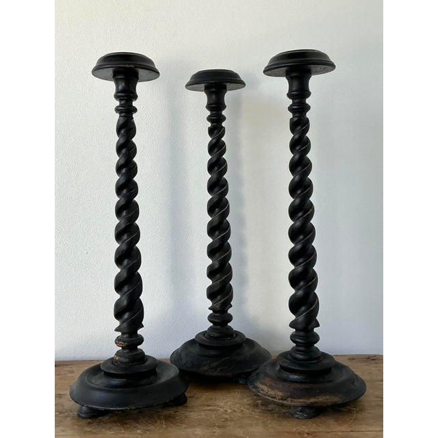 Black Vintage Boho Monumental Distressed Barley Twist Candlesticks - Set of 3 For Sale - Image 8 of 11