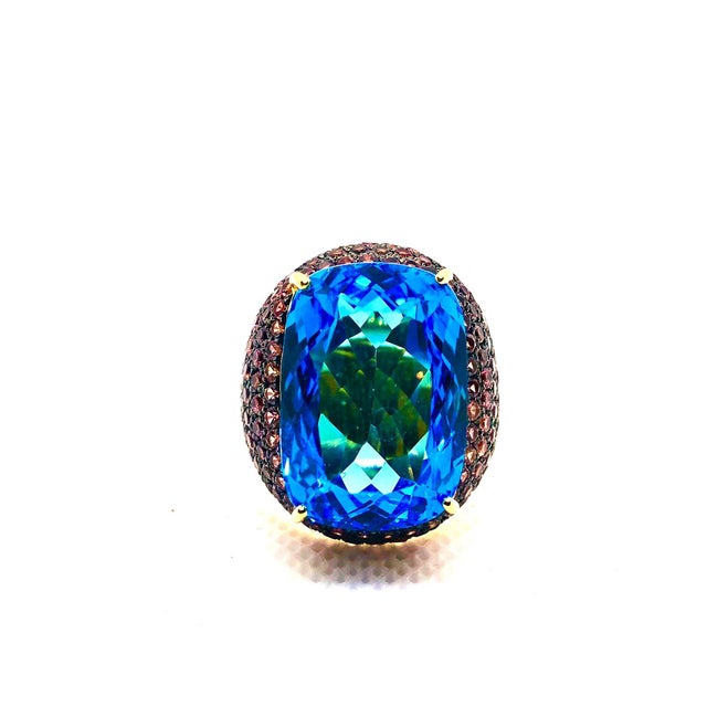 Bochic “Orient” Vintage London Blue Topaz & Orange Sapphire Ring, 18K Gold & Sil For Sale In New York - Image 6 of 16