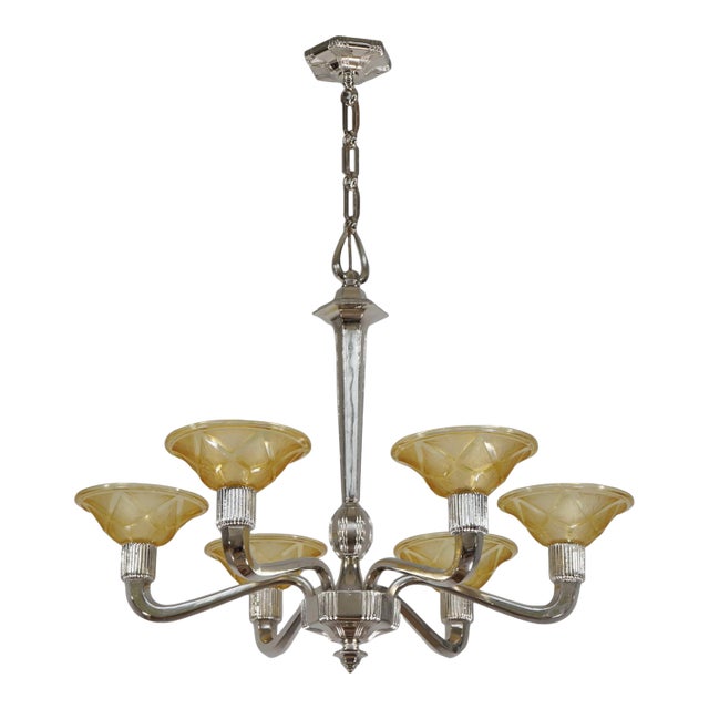Hanots French Art Deco 6-Arm Chandelier 1930s - Honey Amber Glass & Nickel For Sale