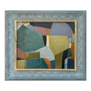 Contemporary Abstract Color-Block Oil Painting in Vintage Blue Frame For Sale