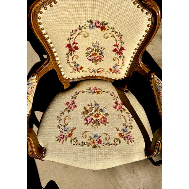 1960s Pair of French Louis-Style Armchairs With Hand-Carved Wood Frames For Sale - Image 4 of 8