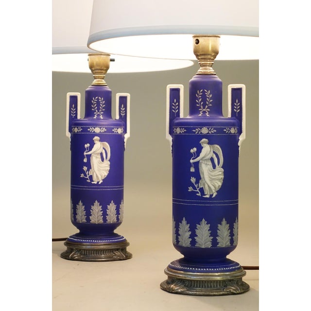 Noritake 1930s Cobalt Noritake Wedgewood Jasperware Style Neoclassic Art Deco Table Lamps - a Pair For Sale - Image 4 of 15