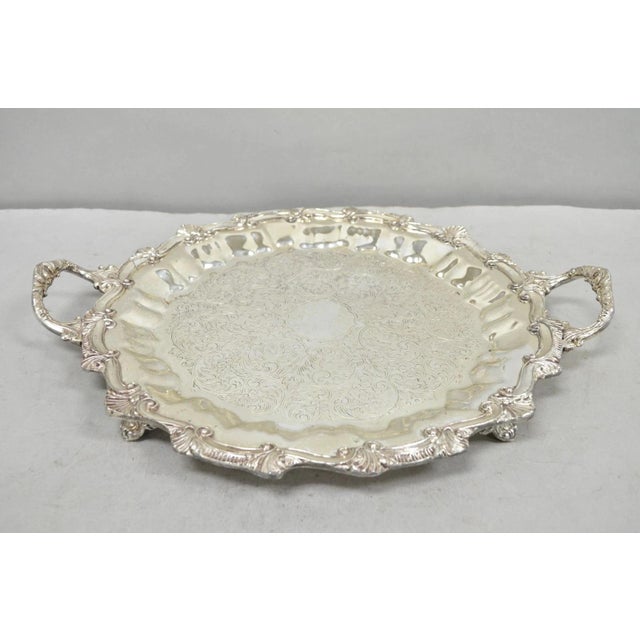 Vintage Victorian Silver Plated Round Scalloped Twin Handle Bar Serving Tray For Sale - Image 13 of 17