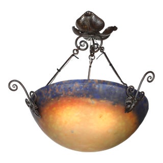 Art Deco Pâte De Verre Blue & Smoked Honey Glass Chandelier W/ Leaf Form Fitting For Sale