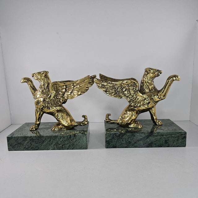 Metal Pair of Vintage Brass Griffin Bookends With Green Marble Bases For Sale - Image 7 of 10