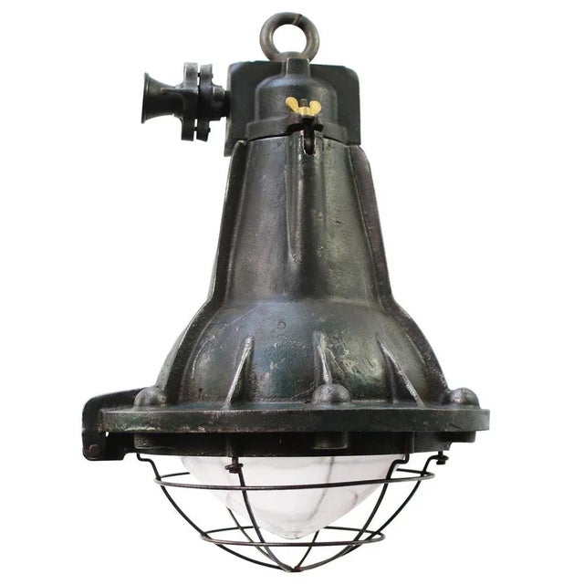 1950s Vintage French Industrial Green Cast Iron and Clear Glass Pendant Lamp For Sale - Image 5 of 5