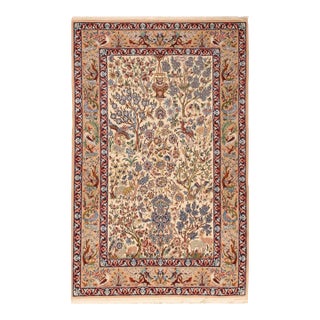 1940s Ivory Floral Animalia Antique Persian Isfahan Rug 3'7" X 5'5" Knotted Pile Wool Carpet For Sale