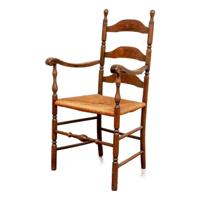 Antique Ladderback Armchair With Ram's Head Arms. For Sale