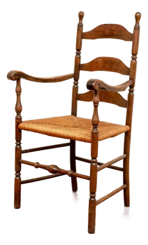 Antique Ladderback Armchair With Ram's Head Arms.