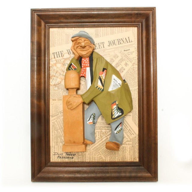 Beige 1976 "The Emperor of Wall Street" Duff Tweed Original Wood Relief Sculpture in Frame For Sale - Image 8 of 8