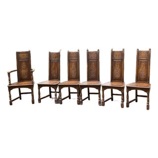 1930s Oak Gothic Revival Chair Set For Sale