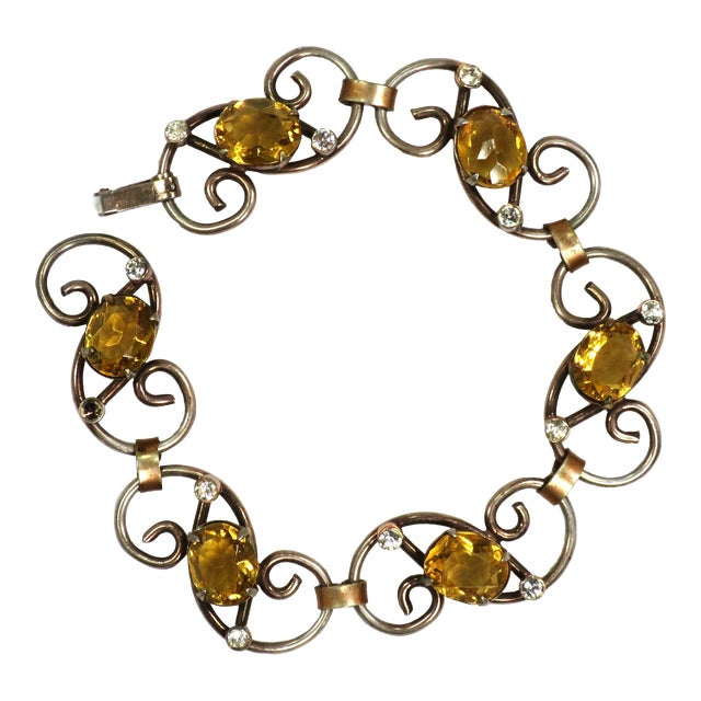 Vintage 1940s Designer Enzell Gold Sterling Citrine Crystal Bracelet For Sale