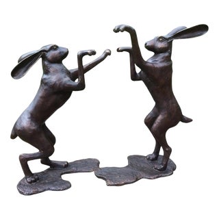 Large Cast Bronze Boxing Hares Sculptures For Sale