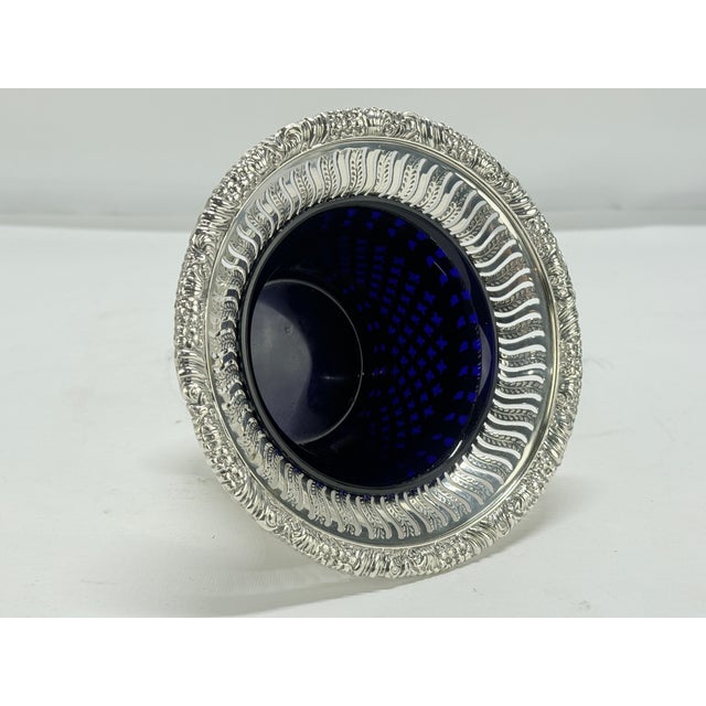 Mid 20th Century English Barker Ellis Silverplate Openwork & Cobalt Glass Lined Vessel For Sale - Image 4 of 6
