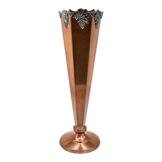 Antique Art Deco Sheffield Silver Co Copper Trumpet Bud Vase With Grape Motif Rim For Sale