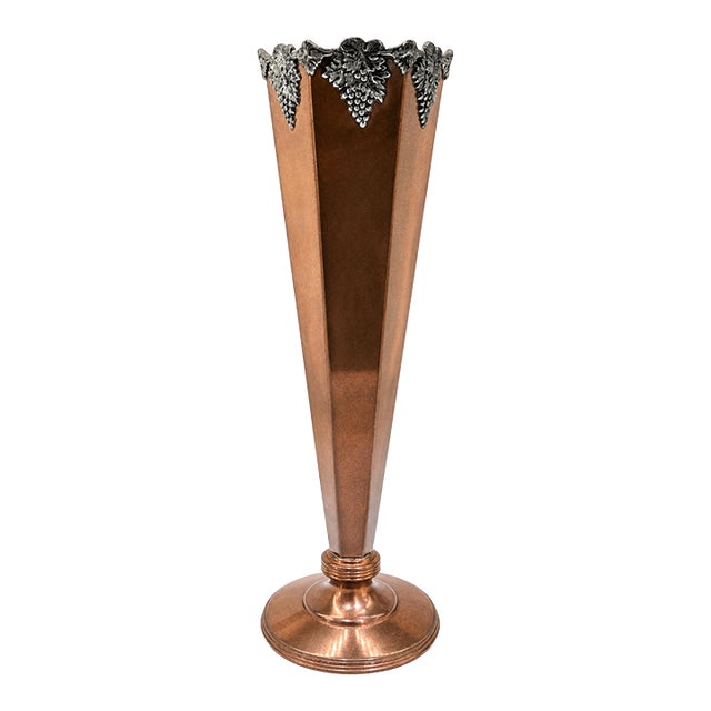 Antique Art Deco Sheffield Silver Co Copper Trumpet Bud Vase With Grape Motif Rim For Sale