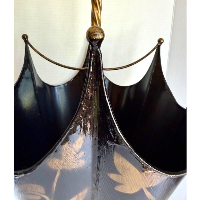 Metal 1960s Italian Figurative Black & Gold Floral Tole Umbrella Stand For Sale - Image 7 of 12