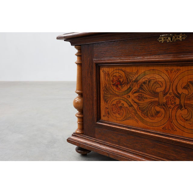 Neo-Renaissance Walnut Chest with Inlaid Front Panel and Turned Columns, Belgium, 1880s For Sale - Image 11 of 15