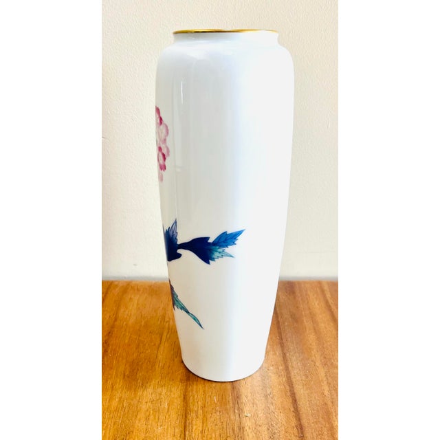 Mid-Century Modern Japanese Handpainted Porcelain Vase With Pink and Blue Flower Decoration For Sale - Image 3 of 9