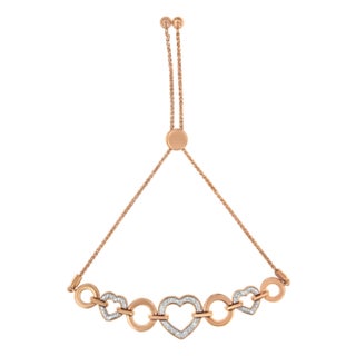 14K Rose Gold Plated .925 Sterling Silver Diamond Accent Circle and Heart Link Adjustable 6 Bolo Bracelet (I-J Color, I3 Clarity) For Sale