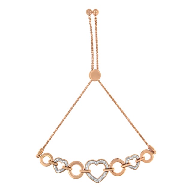 14K Rose Gold Plated .925 Sterling Silver Diamond Accent Circle and Heart Link Adjustable 6 Bolo Bracelet (I-J Color, I3 Clarity) For Sale