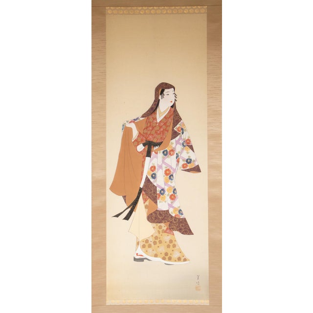 Stunning large Japanese silk scroll painting depicts a young beauty wearing traditional Japanese kimono. Signed and sealed...
