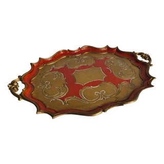 Mid-Century Florentine Rococo Style Scalloped Red Giltwood Tray, Italy, 1950s For Sale