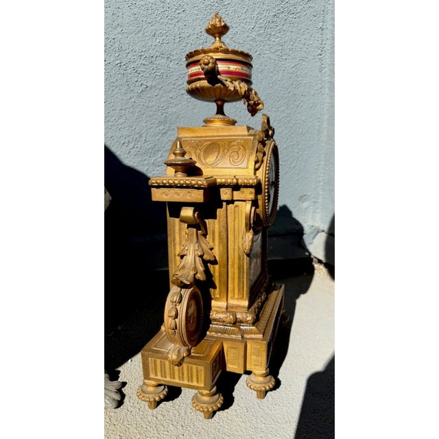 19th Century French Gilt Mantel Clock With Red Sevres Style Porcelain For Sale - Image 9 of 16