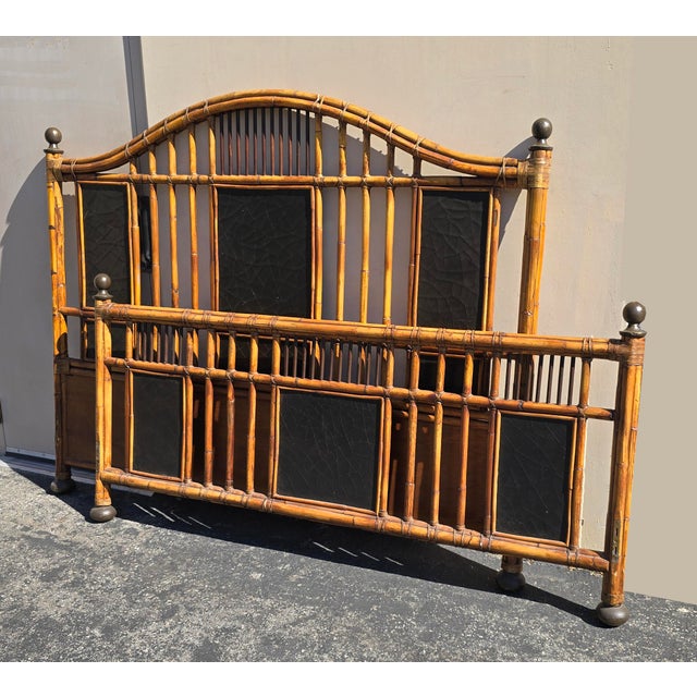 Coastal Vintage Baker Furniture Bamboo Coastal King Bed Frame Headboard Black Lacquer For Sale - Image 3 of 17