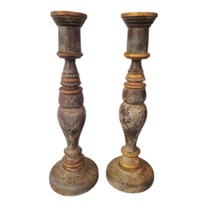 Vintage Highly Distressed Green Hold Carved Wood Turned Candle Holders- A Pair
