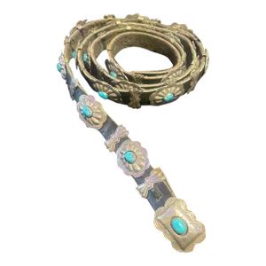 Vintage Navajo Sterling Silver Concha Belt With Sleeping Beauty Turquoise by Tom Tso 41"