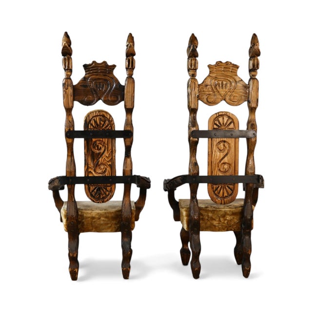 Wood Witco Attributed Tiki Rare Pair of Vintage Mid Century Modern Throne Chairs C. 1960s For Sale - Image 7 of 9