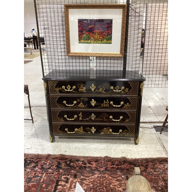 Late 20th Century Vintage Hollywood Regency Chinoiserie Black Lacquer Commode For Sale - Image 5 of 5