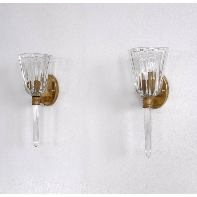 Italian Murano Crystal Glass and Brass Wall Sconces, 1990s, Set of 2 For Sale - Image 4 of 18
