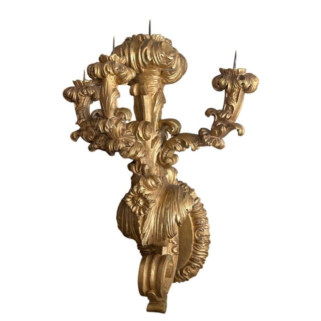 Rare Pair of Early 19th Century Italian Baroque Style Giltwood Wall Candelabras For Sale In Los Angeles - Image 6 of 10