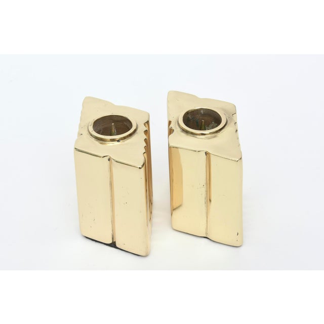 Metal Vintage Brass Sculptural Diamond Shaped Candlesticks Pair Of, 1970's For Sale - Image 7 of 9