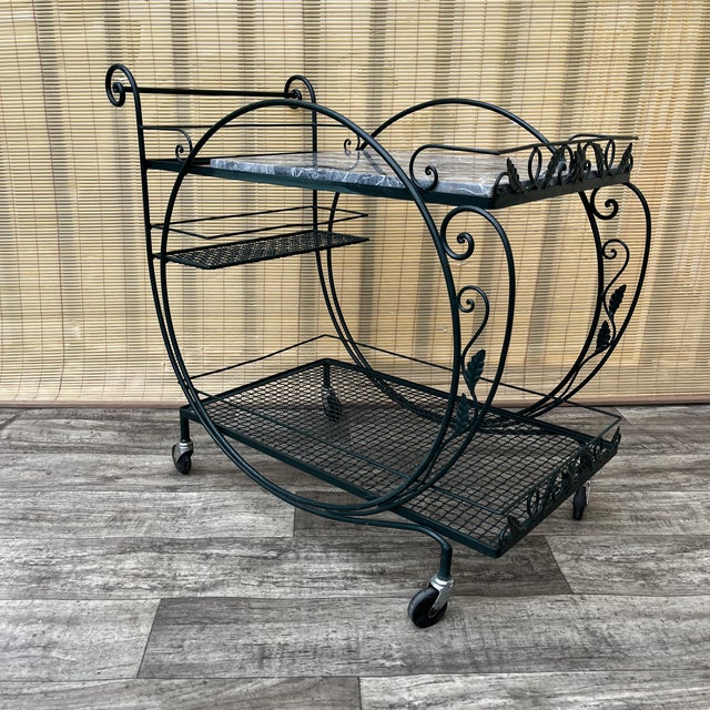 Mid Century Wrought Iron Marble Top Patio Serving Cart in the Salterini Style. Circa 1960s For Sale In Miami - Image 6 of 17